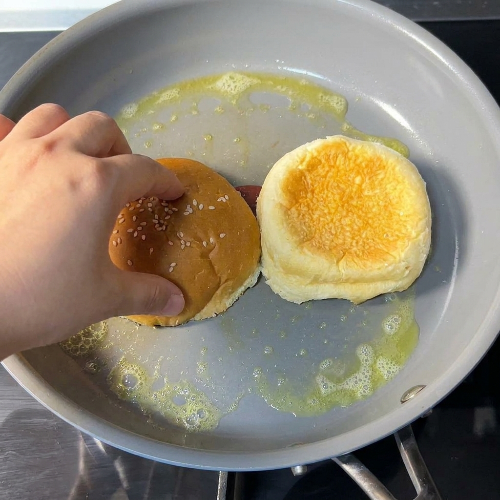 Una mano colocando un pan de hamburguesa con sésamo boca abajo junto a otro en una sartén antiadherente gris con mantequilla derretida.
