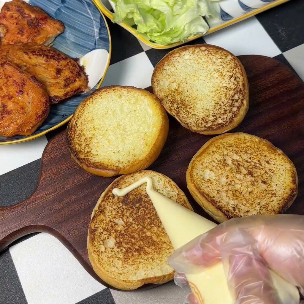 Una mano con guante aplicando mayonesa cremosa en zigzag desde una manga pastelera sobre los panes de hamburguesa tostados en una tabla de madera.