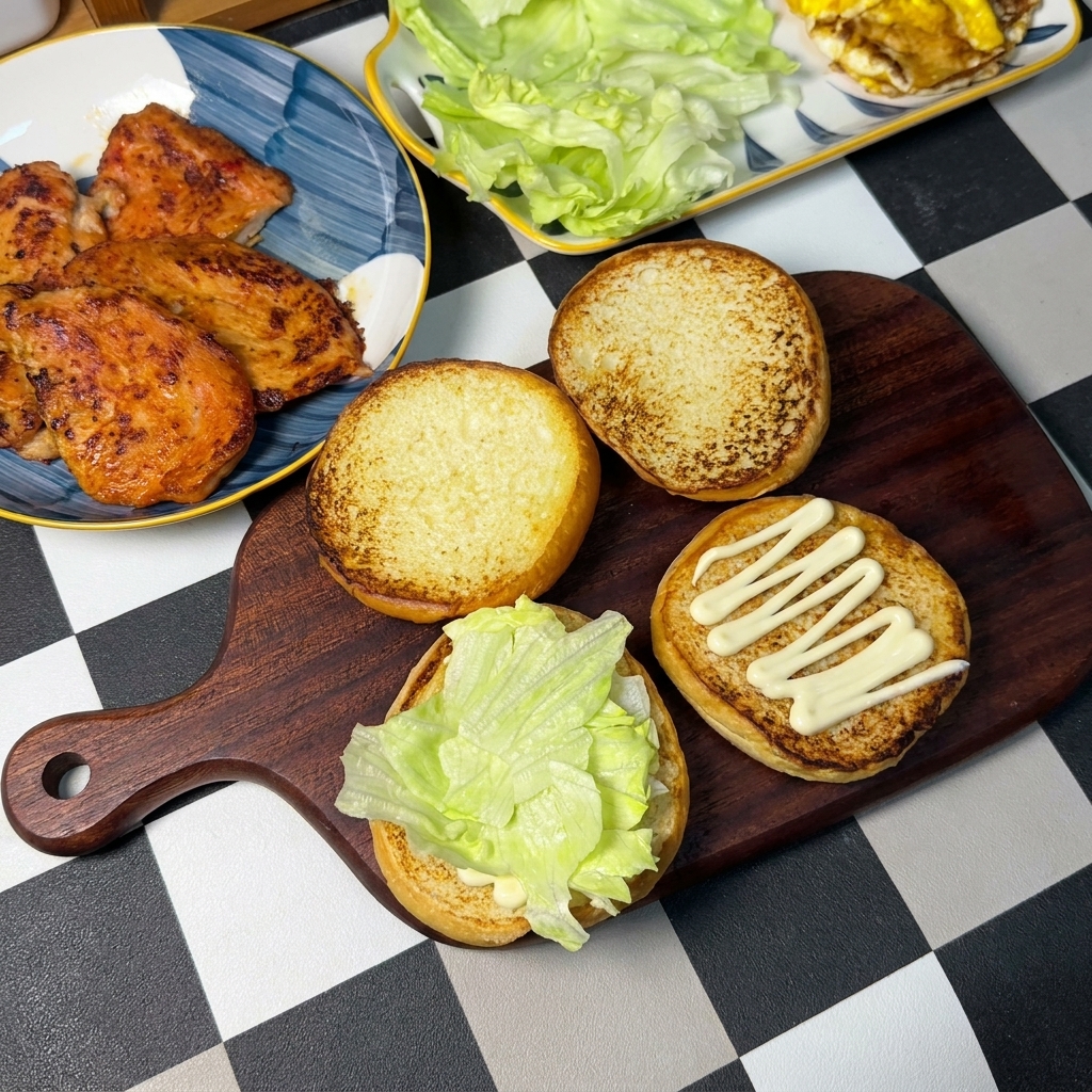 Hojas de lechuga verde fresca colocadas sobre panes de hamburguesa con mayonesa, junto a platos con filetes de pollo cocinados y huevos fritos listos para armar.