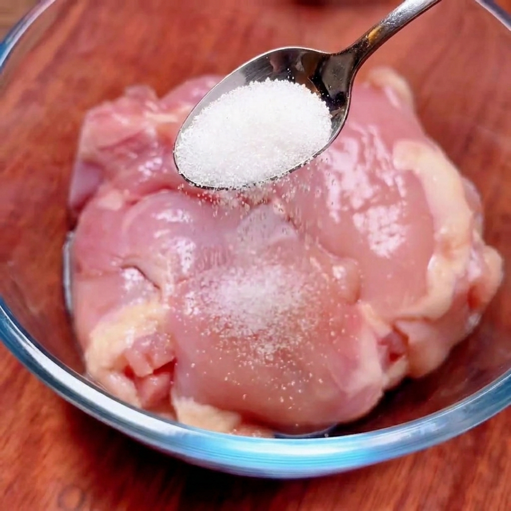 Una cuchara de metal espolvoreando sal blanca fina sobre contramuslos de pollo crudos dentro de un bol de vidrio transparente.