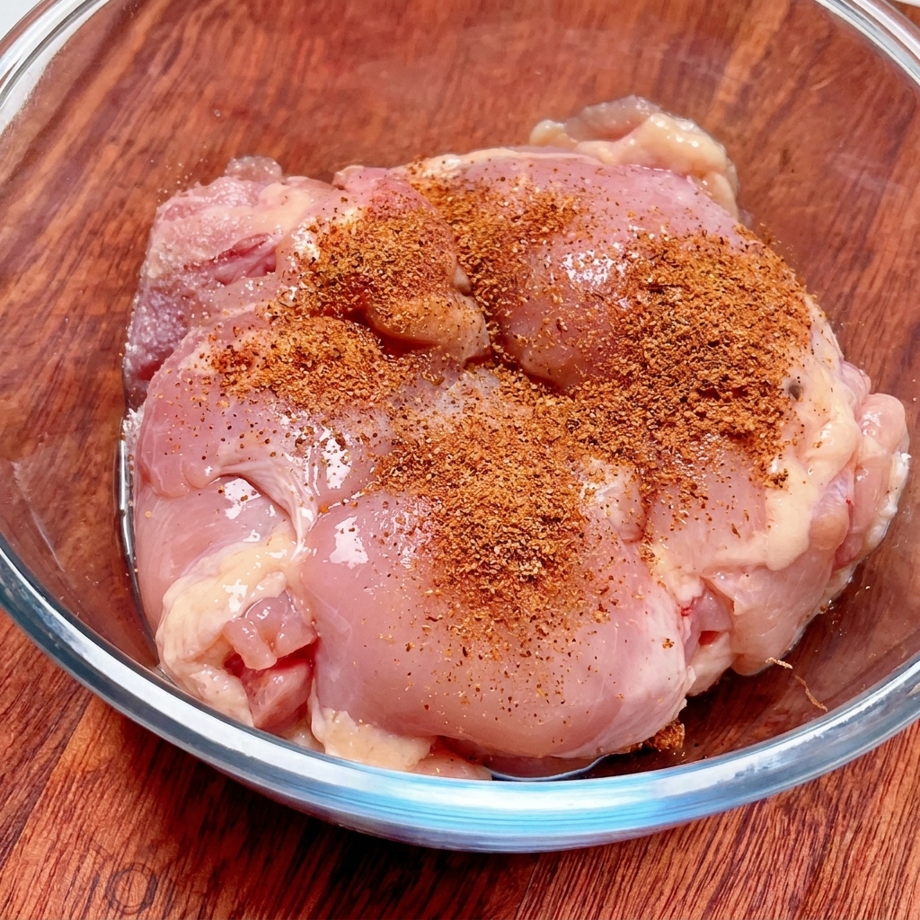 Especias cajún de color marrón rojizo espolvoreadas generosamente sobre contramuslos de pollo crudos en un bol de vidrio transparente.