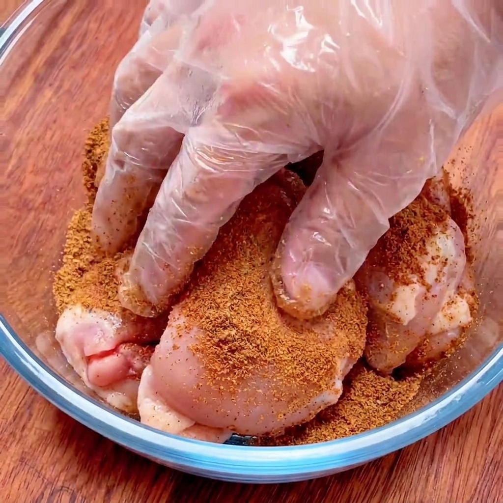 Una mano con un guante de plástico transparente frotando y cubriendo contramuslos de pollo crudos con sazonador cajún de color rojizo dentro de un bol de vidrio.
