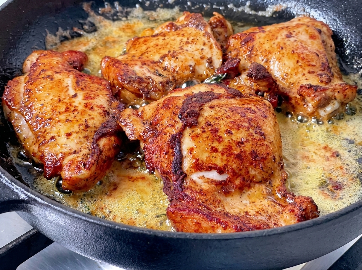 Cuatro contramuslos de pollo sazonados dorándose con la piel hacia arriba en un fondo de mantequilla derretida burbujeante dentro de una sartén de hierro fundido, mostrando una costra dorada oscura.