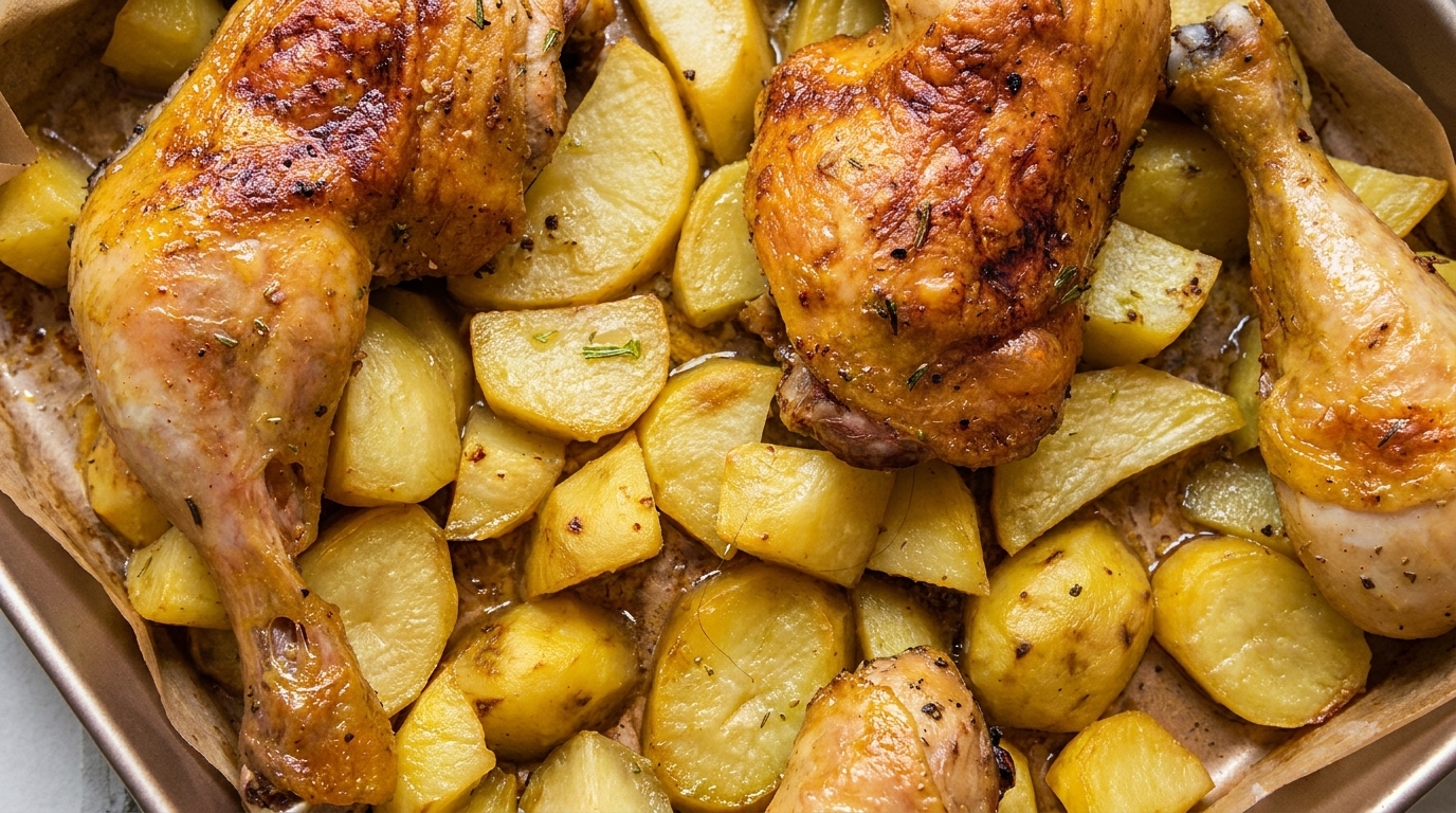 Muslos de pollo asados con piel crujiente, servidos sobre una cama de tiernos y dorados dados de patata.