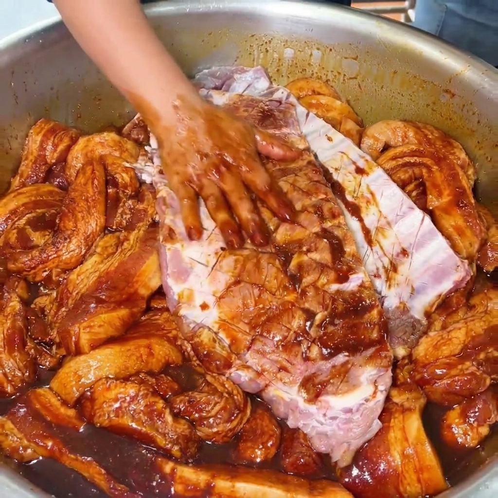 Una mano frotando minuciosamente una marinada rica y oscura en una gran pieza de costillas de cerdo crudas cortadas dentro de un recipiente de acero inoxidable.