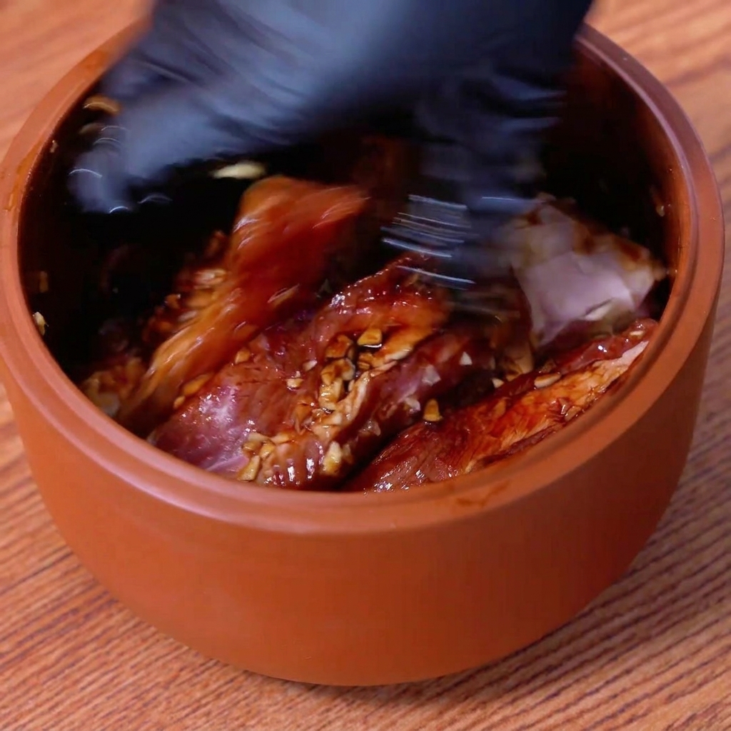 Una mano con guante mezclando minuciosamente costillas de cerdo crudas con ajo y salsas oscuras dentro de un bol marrón.