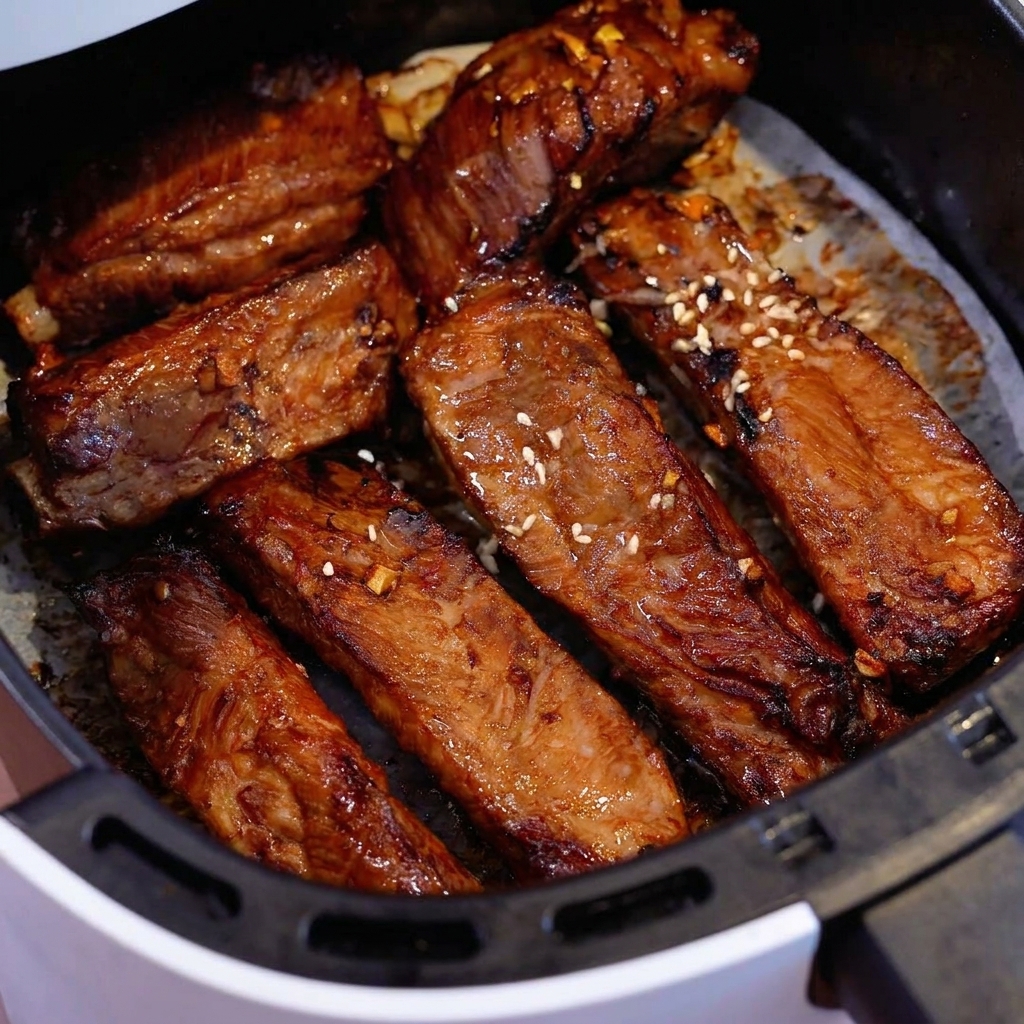 Costillas de cerdo con miel cocinadas, doradas y brillantes en la cesta de una freidora de aire, decoradas con semillas de sésamo blanco.
