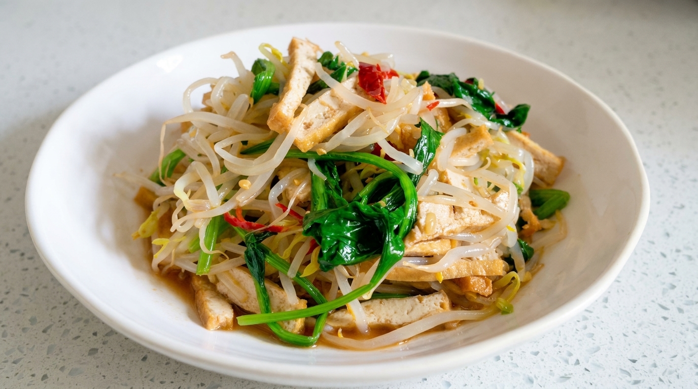Una ensalada rústica mixta elegantemente presentada con crujientes brotes de soja, espinacas escaldadas y tiras doradas de tofu frito, todo aderezado con un aliño aromático de ajo y chile.