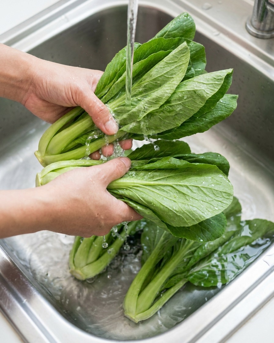 Manos lavando hojas frescas de pak choi bajo un chorro de agua fría en un fregadero de metal.