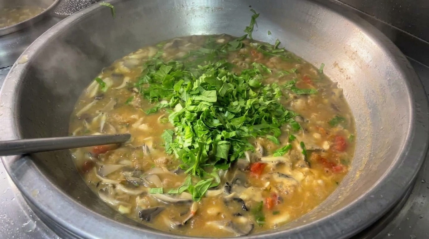 Sopa rústica de verduras y setas con bolitas de masa (Mian Ge Da Tang)