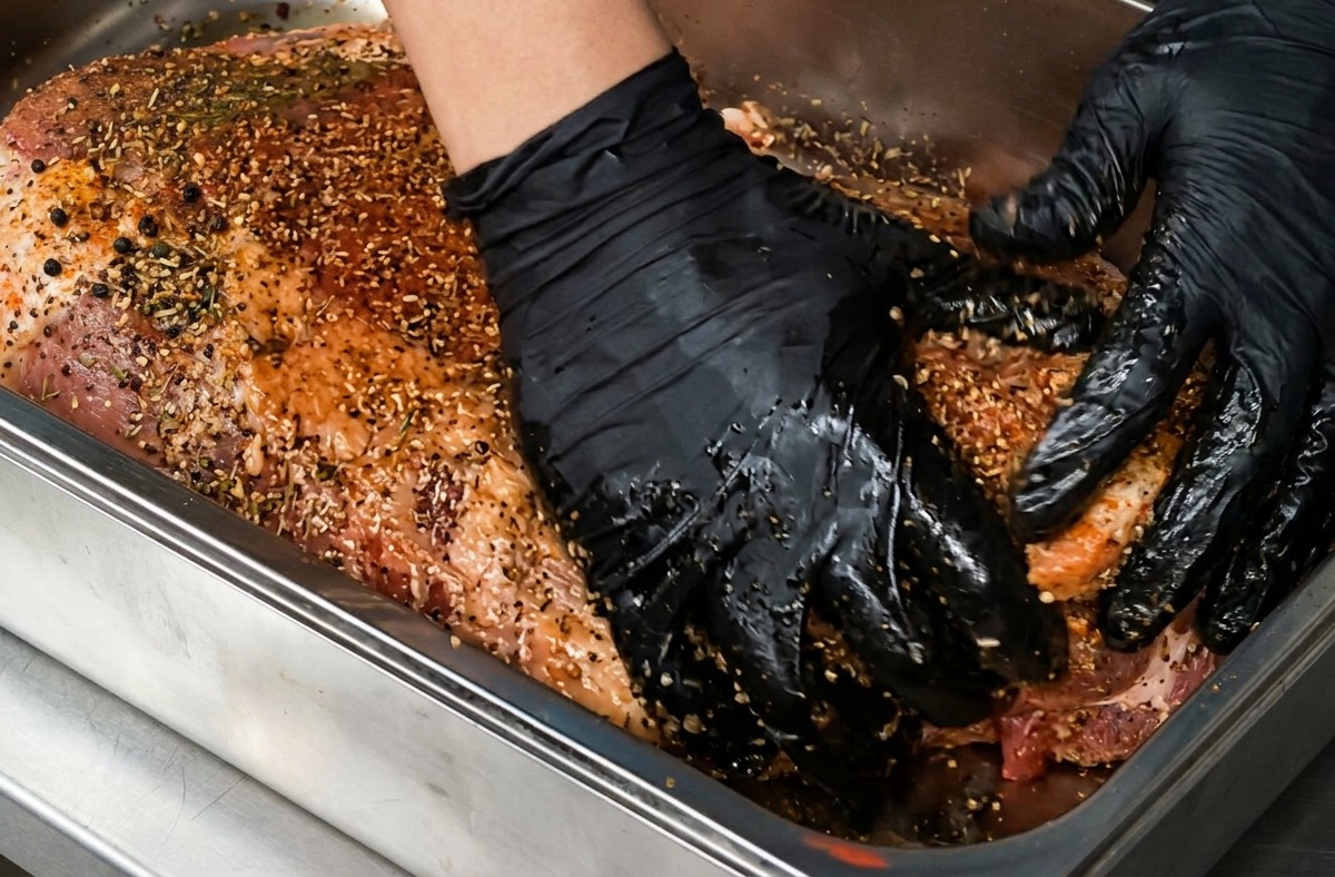 Manos con guantes negros presionando una capa gruesa de pimienta negra gruesa y mezcla de especias sobre una pieza grande de brisket de res crudo en una bandeja metálica.