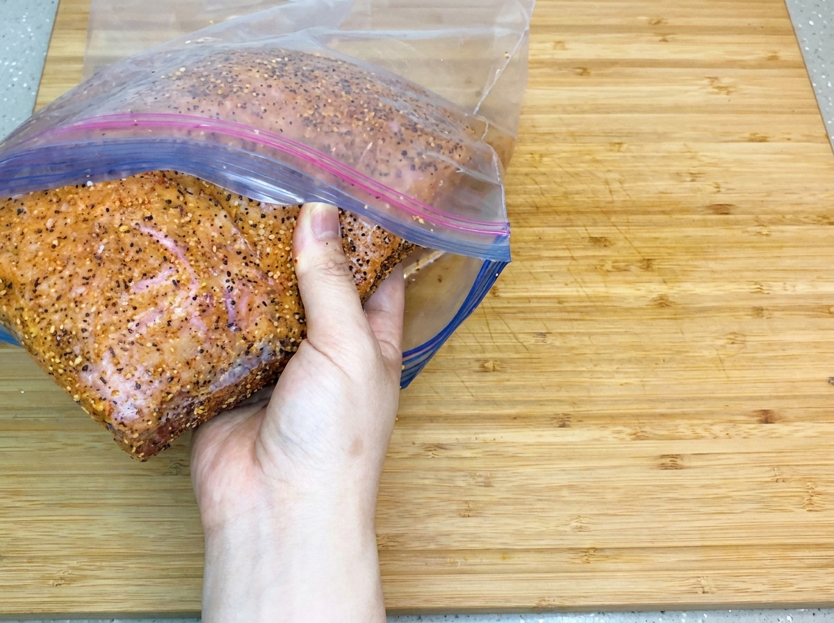 Una mano introduciendo el brisket bien sazonado en una bolsa de plástico con cierre hermético sobre una tabla de cortar de madera.