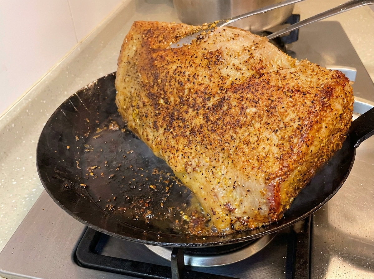 Pinzas de cocina levantando y volteando una pieza gruesa de brisket en una sartén caliente, revelando una superficie dorada y caramelizada.