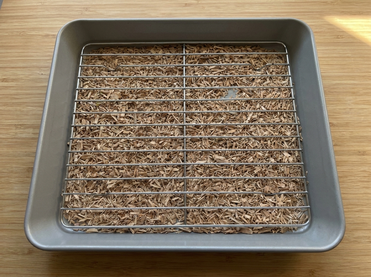 Una rejilla rectangular de metal reposando sobre una bandeja de horno cuadrada llena de astillas de madera de durazno.