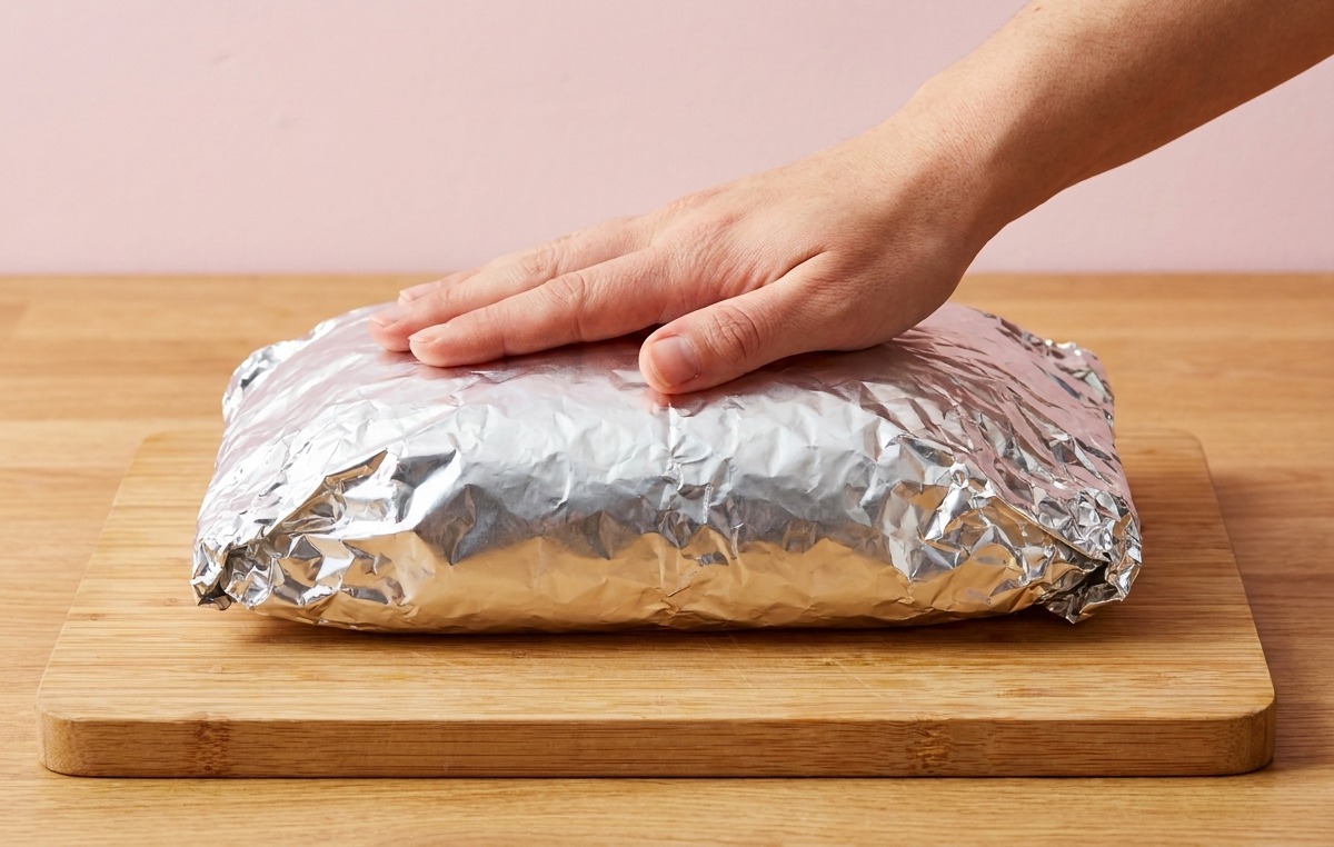 Una mano presionando firmemente una bandeja para hornear envuelta en papel aluminio sobre una tabla de cortar de madera.