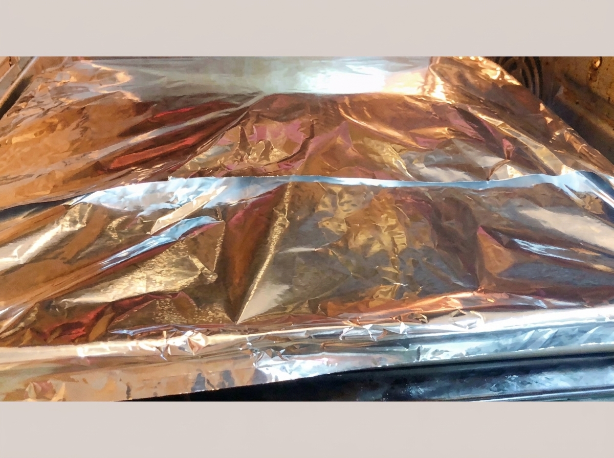 Un molde para hornear envuelto firmemente en papel aluminio resistente, colocado sobre la rejilla de un horno encendido.