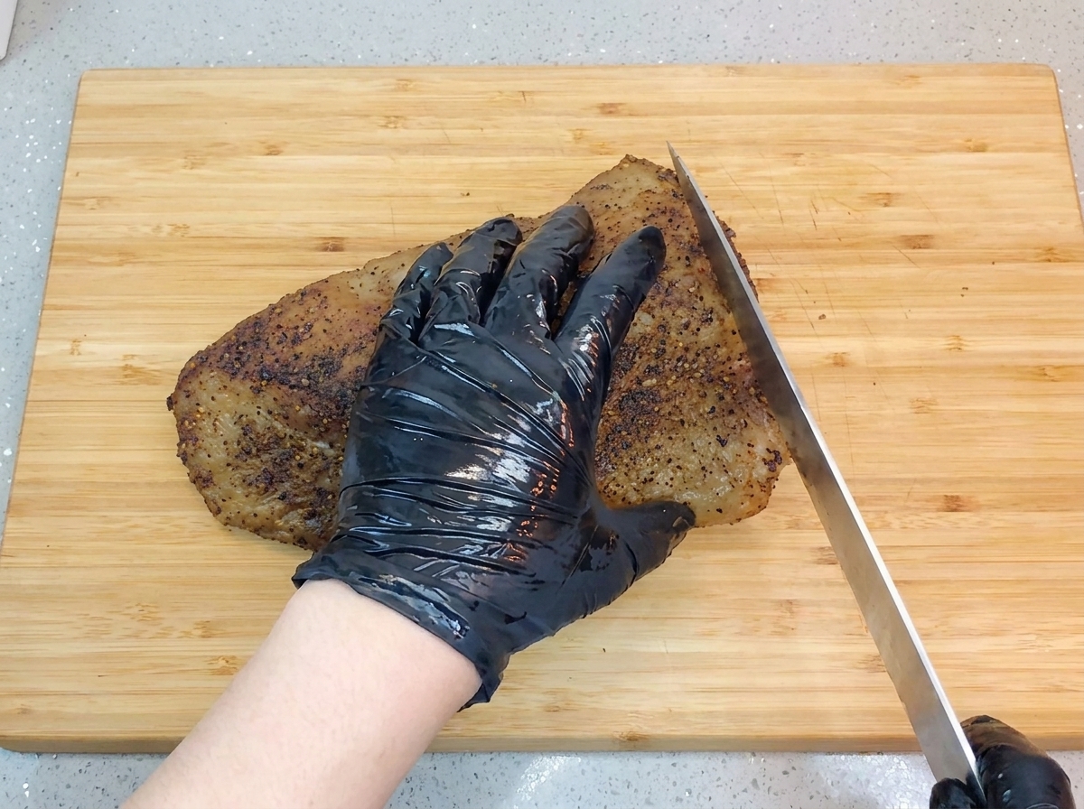 Mano con guante estabilizando un trozo de brisket cocido en una tabla de madera mientras lo rebana con un cuchillo de chef largo.