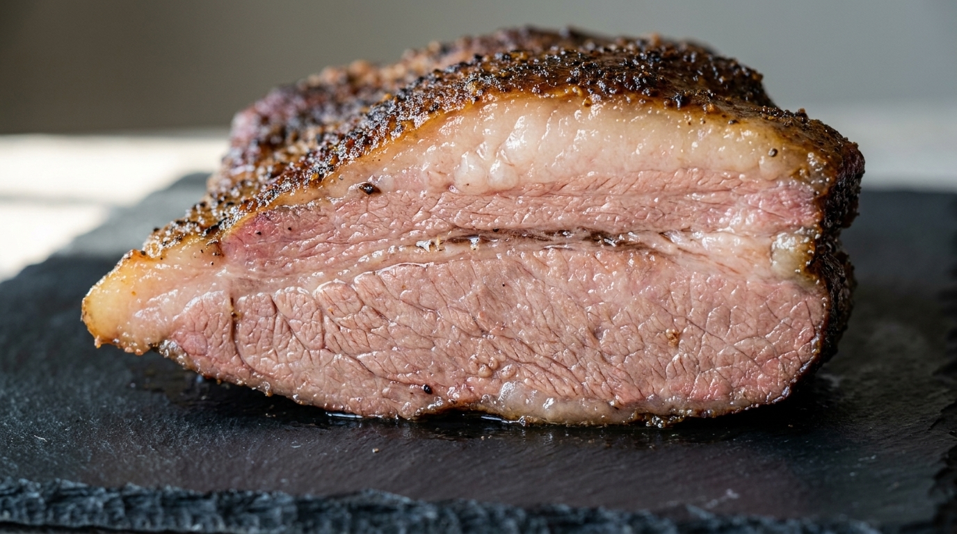Una rebanada perfectamente tierna de brisket ahumado al horno, mostrando su característico anillo rosado, grasa bien fundida y una costra exterior oscura y caramelizada.
