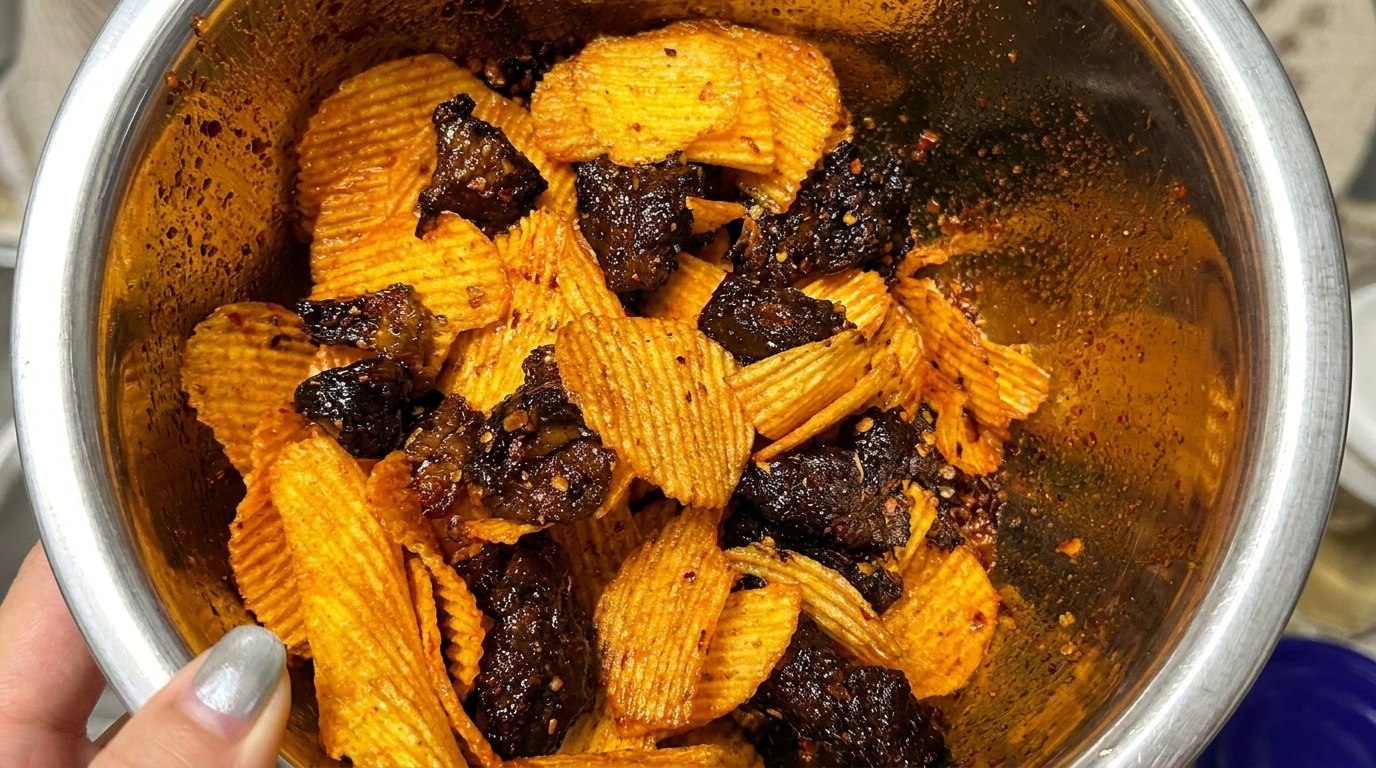 Grasa de falda de res crujiente en freidora de aire mezclada con papas fritas