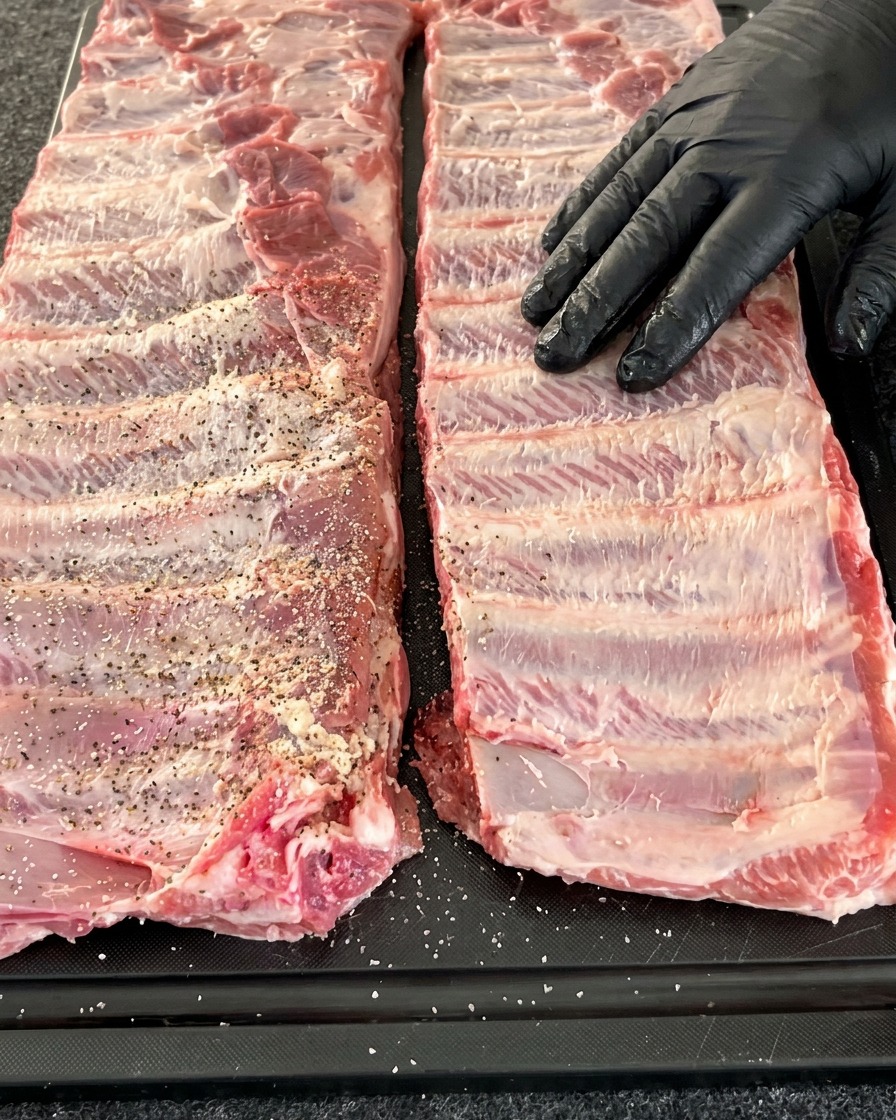 Un costillar de cerdo colocado plano sobre una superficie oscura, mientras se espolvorea ligeramente una mezcla de sal, pimienta y ajo sobre el lado del hueso.