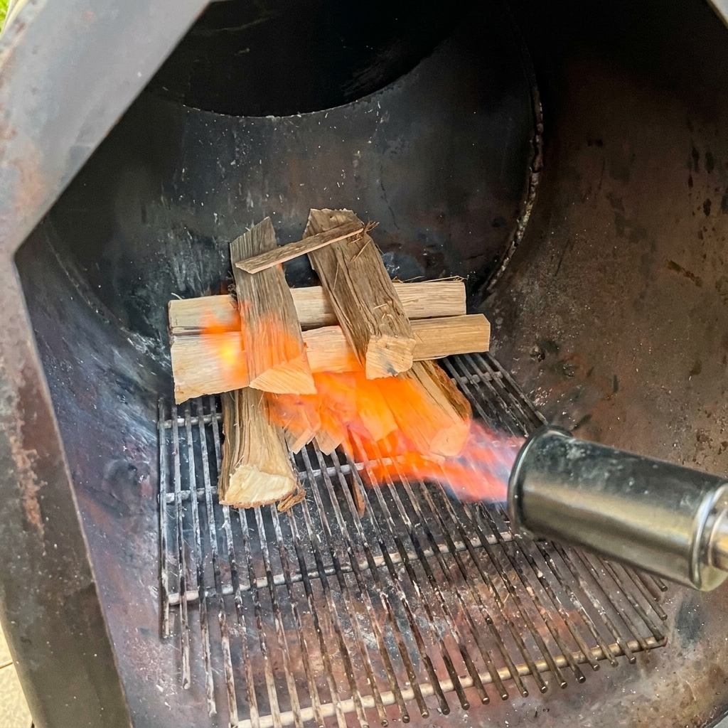 Un soplete de propano lanzando una fuerte llama naranja directamente sobre una pila de leños de roble cruzados dentro de la cámara de combustión de un ahumador de acero negro.
