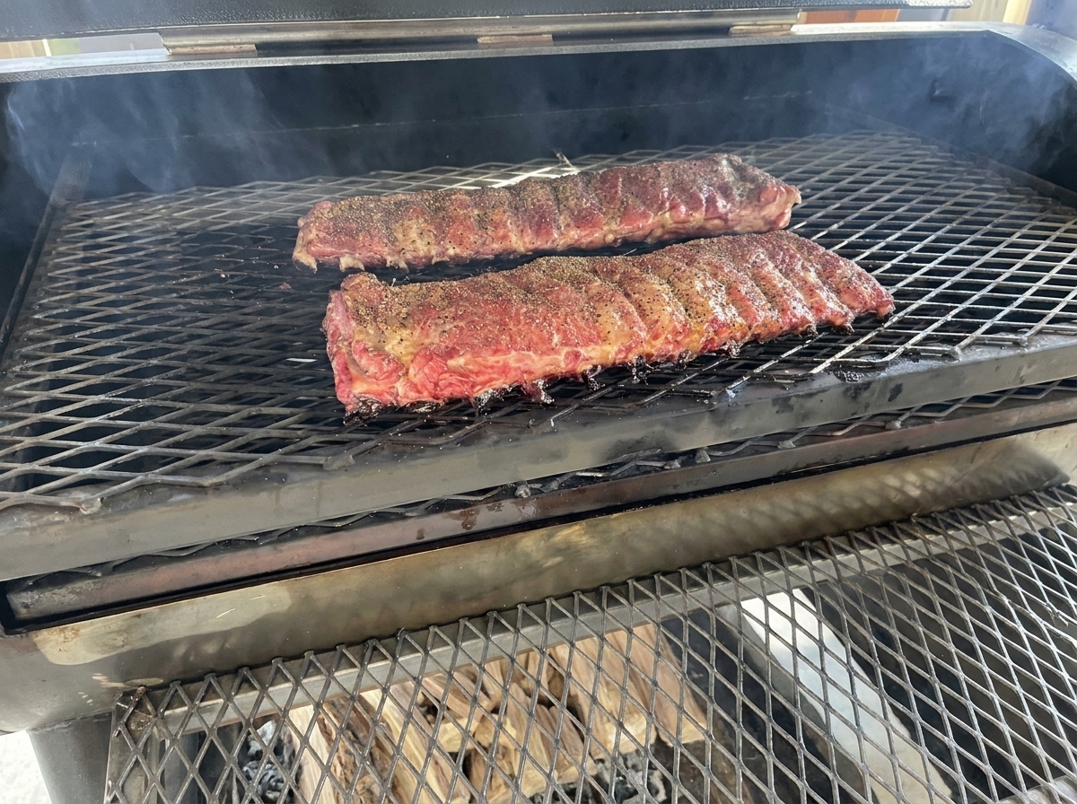 Dos costillares de cerdo sazonados sobre la rejilla de metal expandido de un ahumador abierto con humo subiendo suavemente.