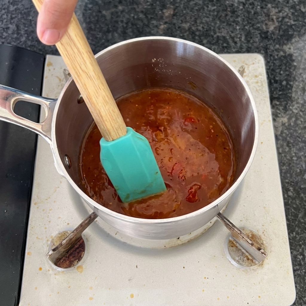 Una mano removiendo una salsa de barbacoa de color marrón rojizo que burbujea en un cazo de acero inoxidable con una espátula de color turquesa.