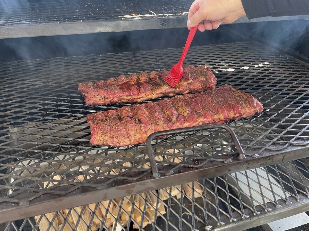 Una mano usando una brocha de cocina roja para cubrir dos costillares largos sazonados con salsa dentro de un gran ahumador negro de estilo comercial.
