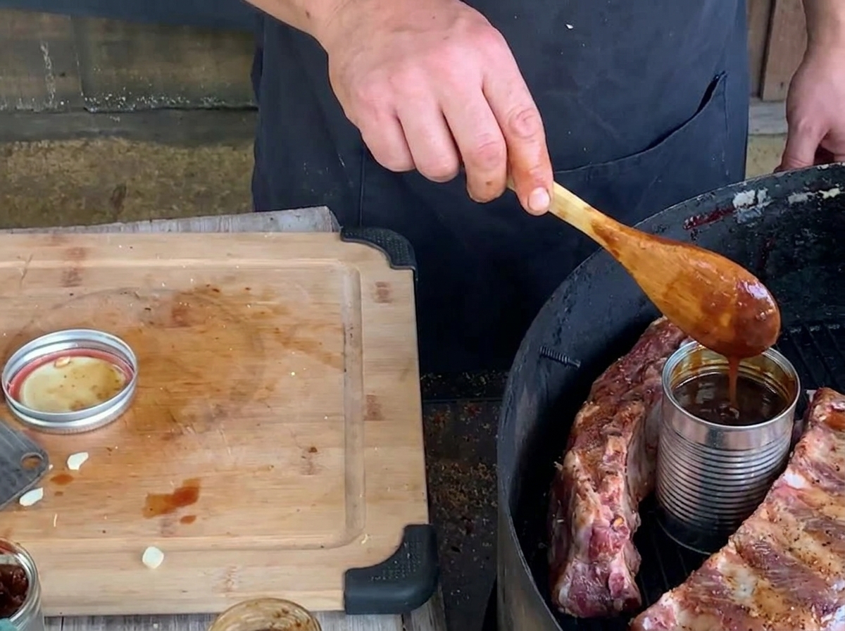 Anónimo vertiendo una salsa barbacoa oscura de arándanos con una cuchara de madera dentro de una lata metálica colocada en una copa de costilla en la parrilla.