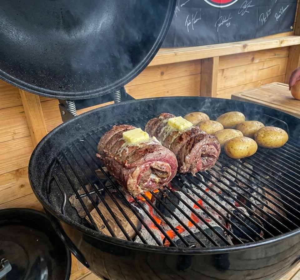 Dos copas de carne enrolladas con mantequilla derritiéndose encima, asándose en una parrilla de carbón junto a varias patatas enteras.