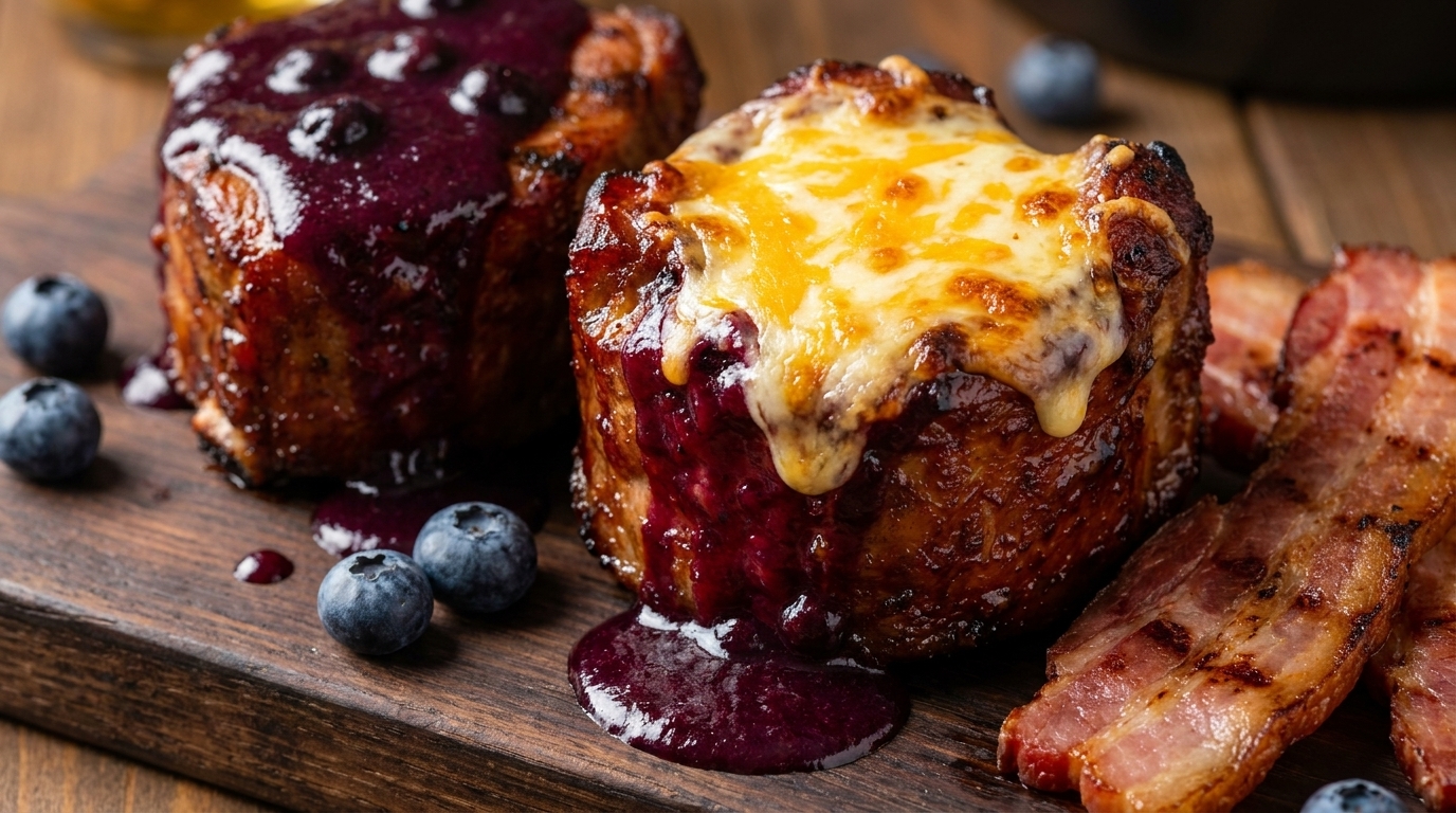 Dos copas de costillas de cerdo barbacoa caramelizadas, glaseadas con una brillante salsa de arándanos y cubiertas con queso dorado fundido, servidas junto a lonchas de bacon grueso a la parrilla.