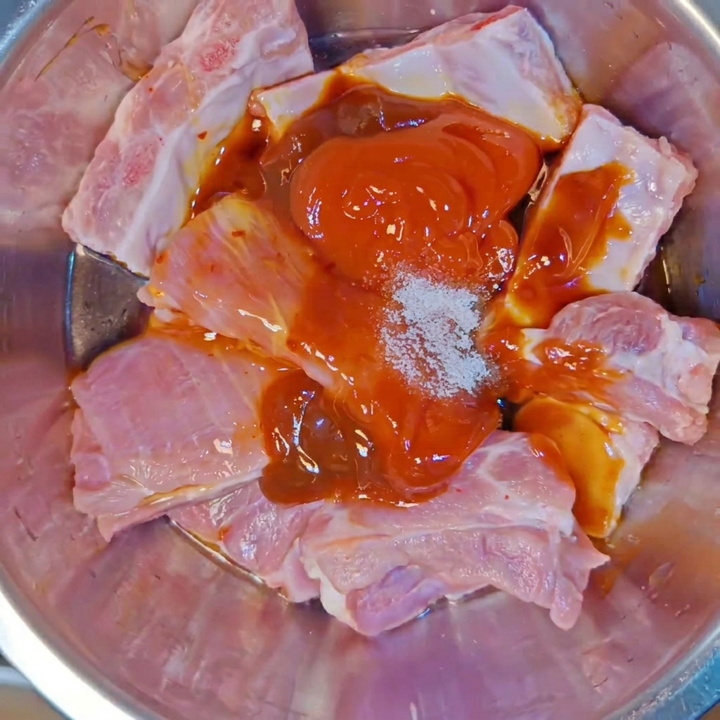 Costillas de cerdo crudas en un bol de metal cubiertas con varias salsas, un puñado de sal y pasta para sazonar.