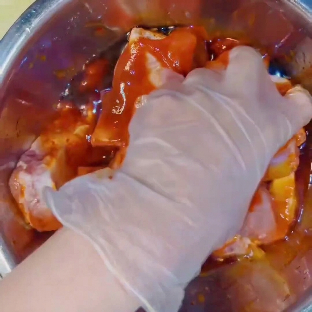 Una mano con un guante de plástico transparente integrando costillas de cerdo crudas con salsas de marinada rojas en un bol de acero inoxidable.