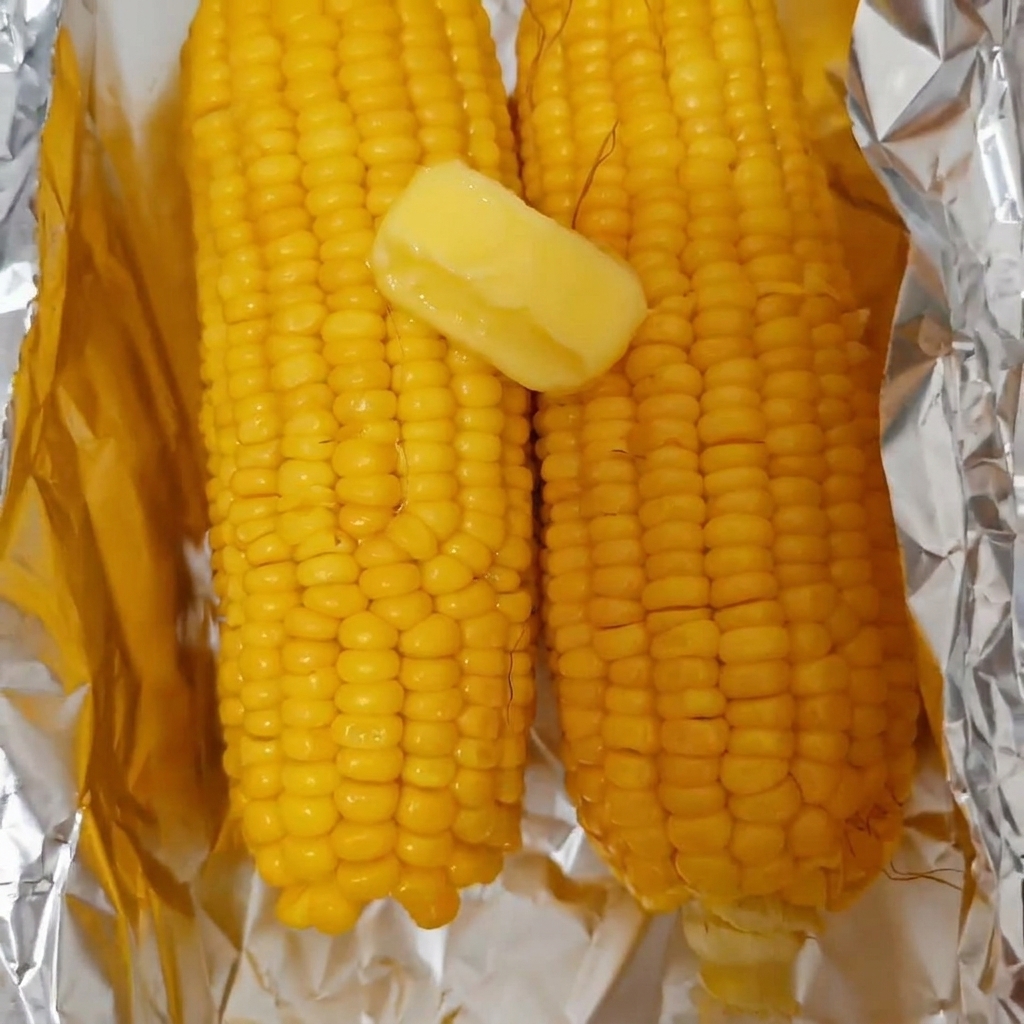 Un trozo de mantequilla amarilla derritiéndose sobre dos piezas de maíz dulce hervido y caliente apoyadas en papel de aluminio.
