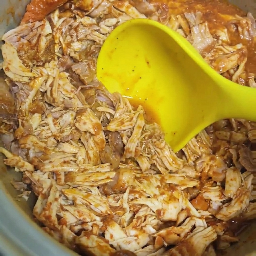 Carne de cerdo desmechada mezclándose con una sabrosa salsa barbacoa dentro de una olla con un gran cucharón amarillo.