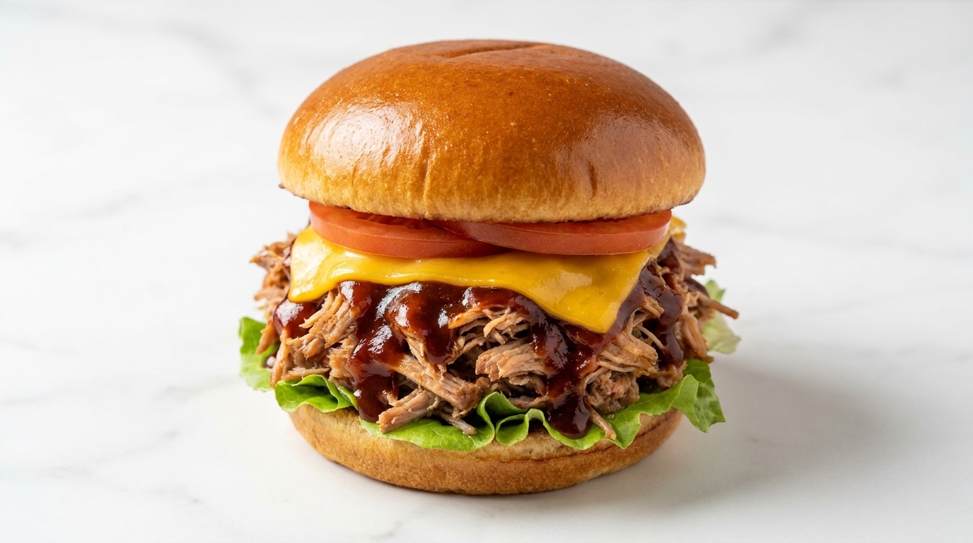 Una hamburguesa gourmet de pulled pork con queso cheddar fundido, carne desmechada en salsa barbacoa y una rodaja de tomate fresco en un pan brioche brillante