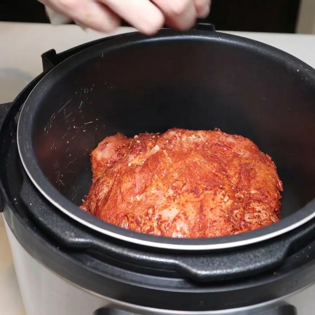 Un trozo grande de paleta de cerdo sazonada en la olla interior negra de una olla a presión eléctrica.