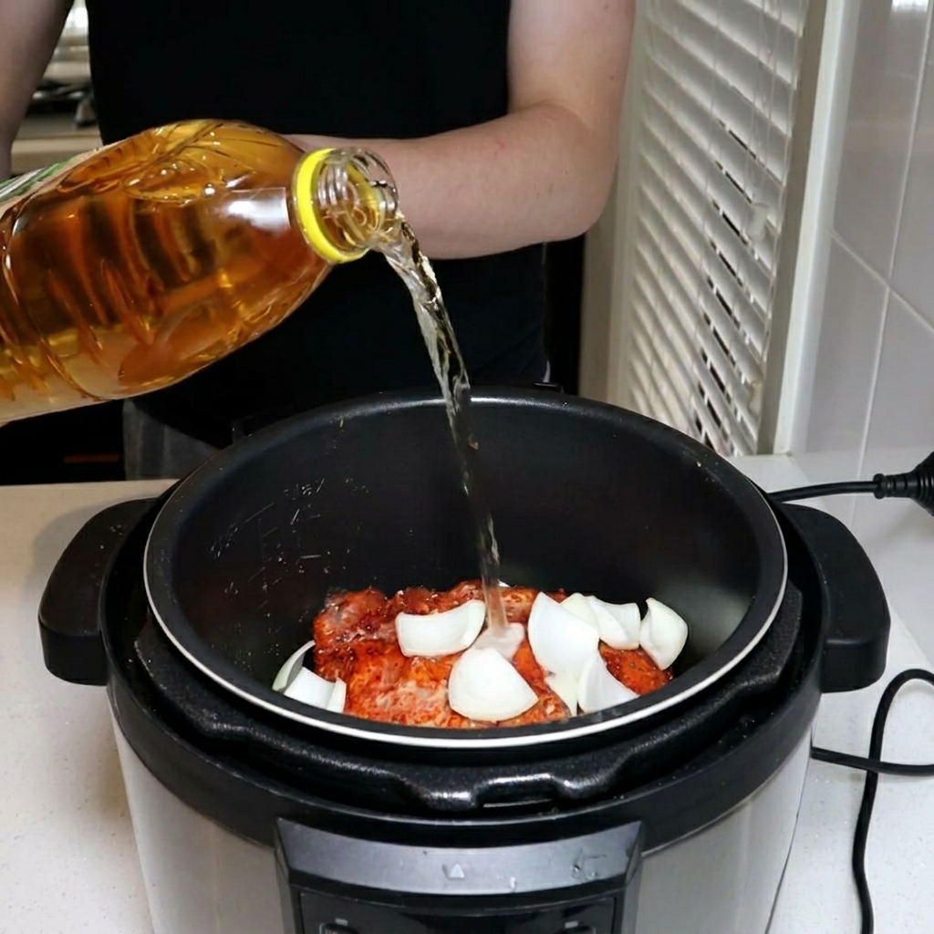 Un líquido dorado vertido desde una botella de plástico grande en una olla a presión eléctrica que contiene cerdo sazonado y trozos de cebolla blanca.