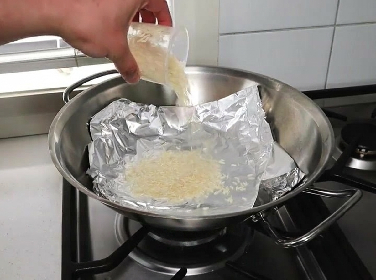 Una mano vertiendo arroz blanco desde un vaso de plástico sobre una hoja de papel de aluminio en el fondo de un wok metálico.