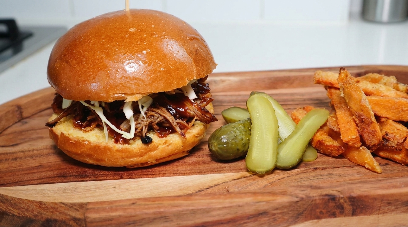 Hamburguesa de Pulled Pork Ahumado con Batatas Fritas