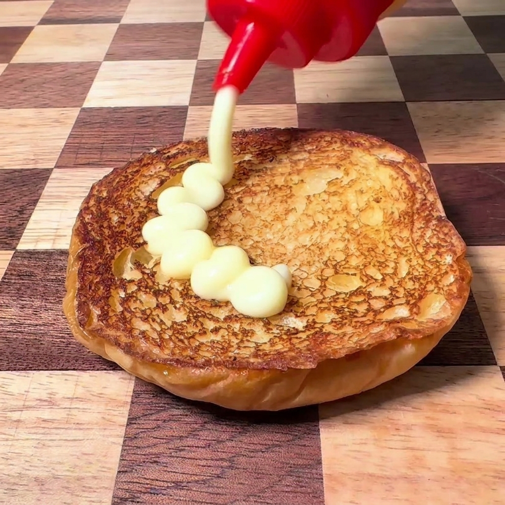 Mayonesa siendo exprimida desde un bote rojo sobre un pan de hamburguesa tostado en una superficie a cuadros.