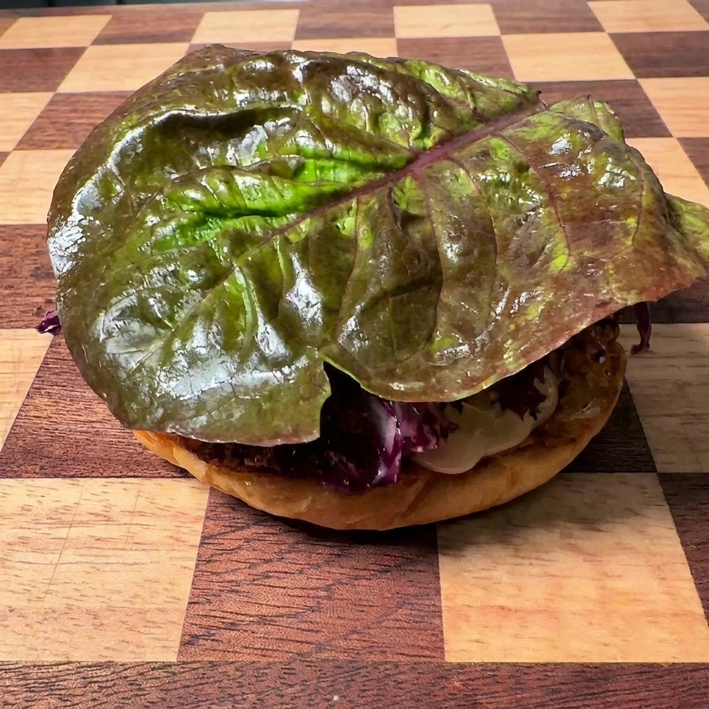 Una hoja de lechuga de color verde oscuro colocada sobre un pan de hamburguesa en una tabla de cortar de madera a cuadros.
