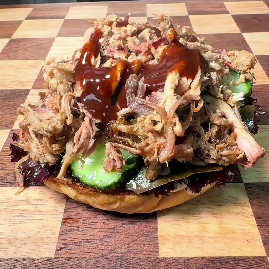 Salsa barbacoa oscura y brillante vertiéndose sobre una montaña generosa de pulled pork deshebrado en un pan de hamburguesa.
