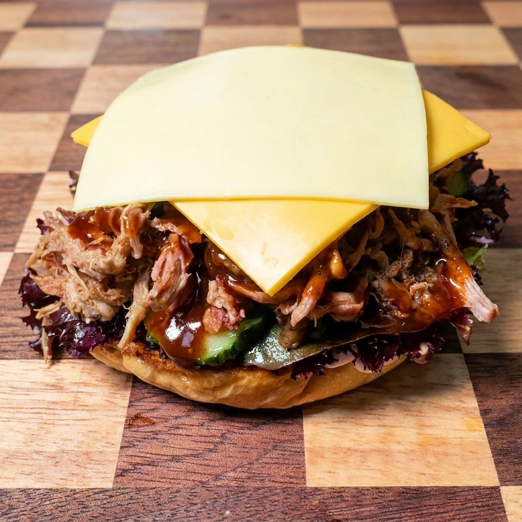 Rebanadas cuadradas de queso amarillo dispuestas ordenadamente sobre una hamburguesa de pulled pork con salsa barbacoa.