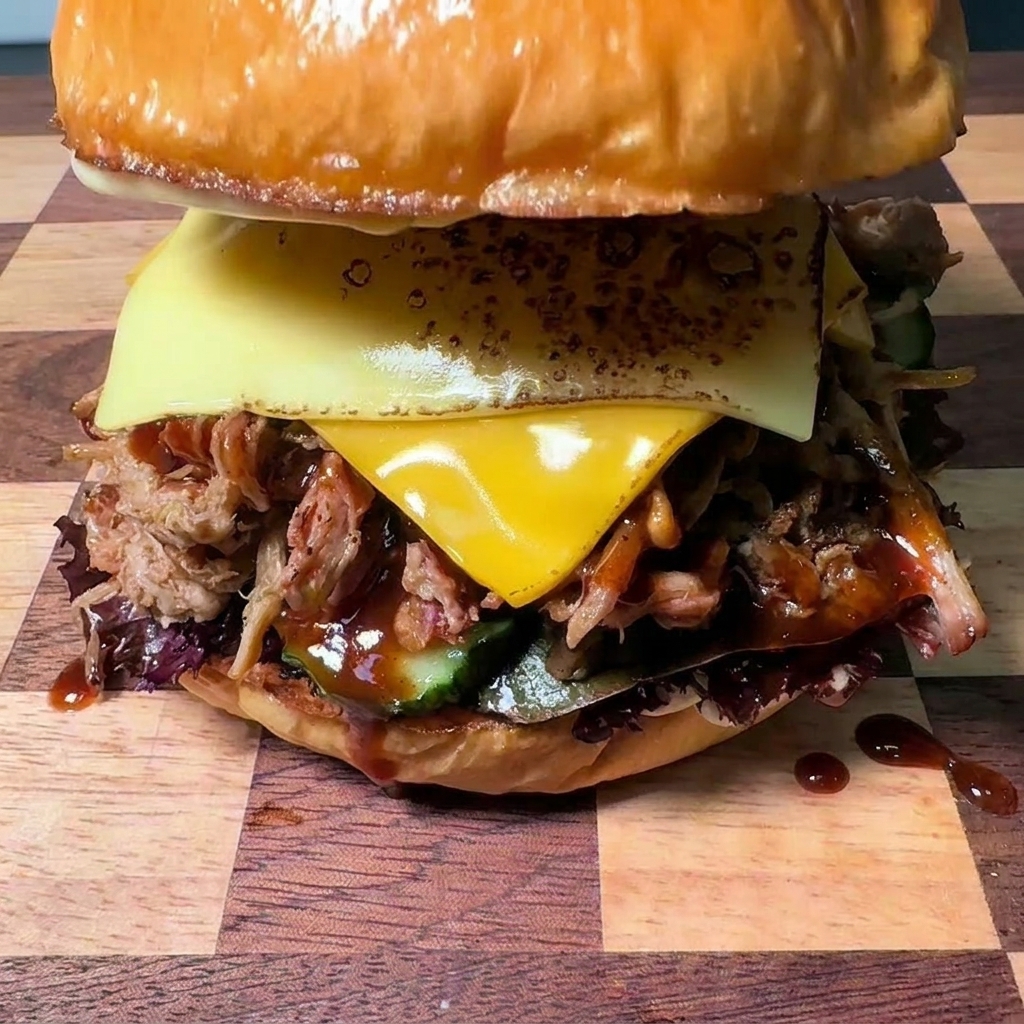 Una hamburguesa completamente montada siendo coronada con la tapa superior dorada y brillante de un pan brioche.