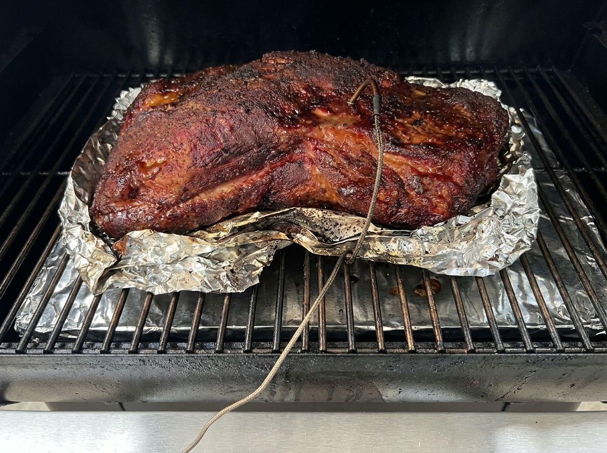 Una pieza grande y oscura de cerdo sazonado cocinándose sobre papel de aluminio dentro de un ahumador de acero inoxidable con una sonda de temperatura insertada.