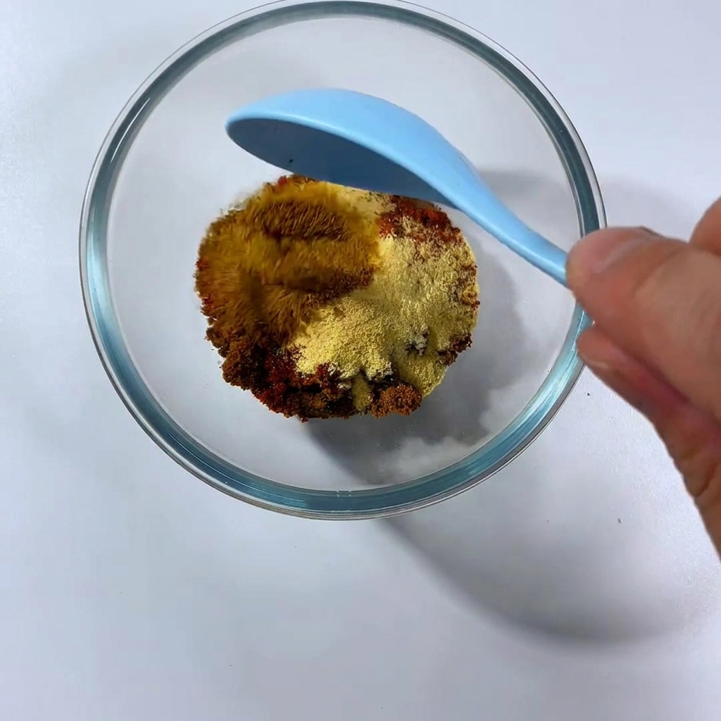 Un cuenco de cristal con una mezcla de especias coloridas como pimentón, ajo en polvo y azúcar moreno siendo removido con una cuchara azul.