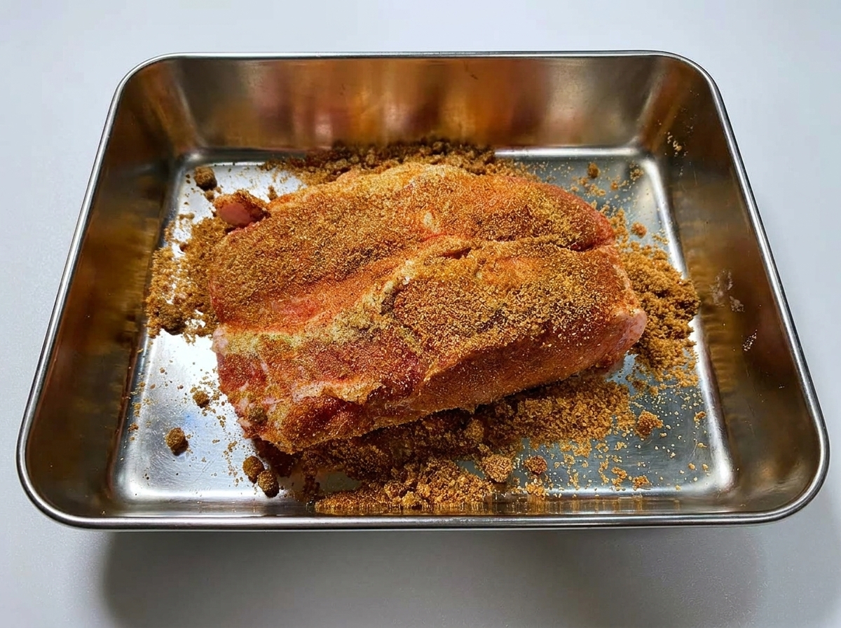 Un trozo grande de paleta de cerdo cruda cubierto completamente con una mezcla de especias de color marrón rojizo dentro de una bandeja metálica.