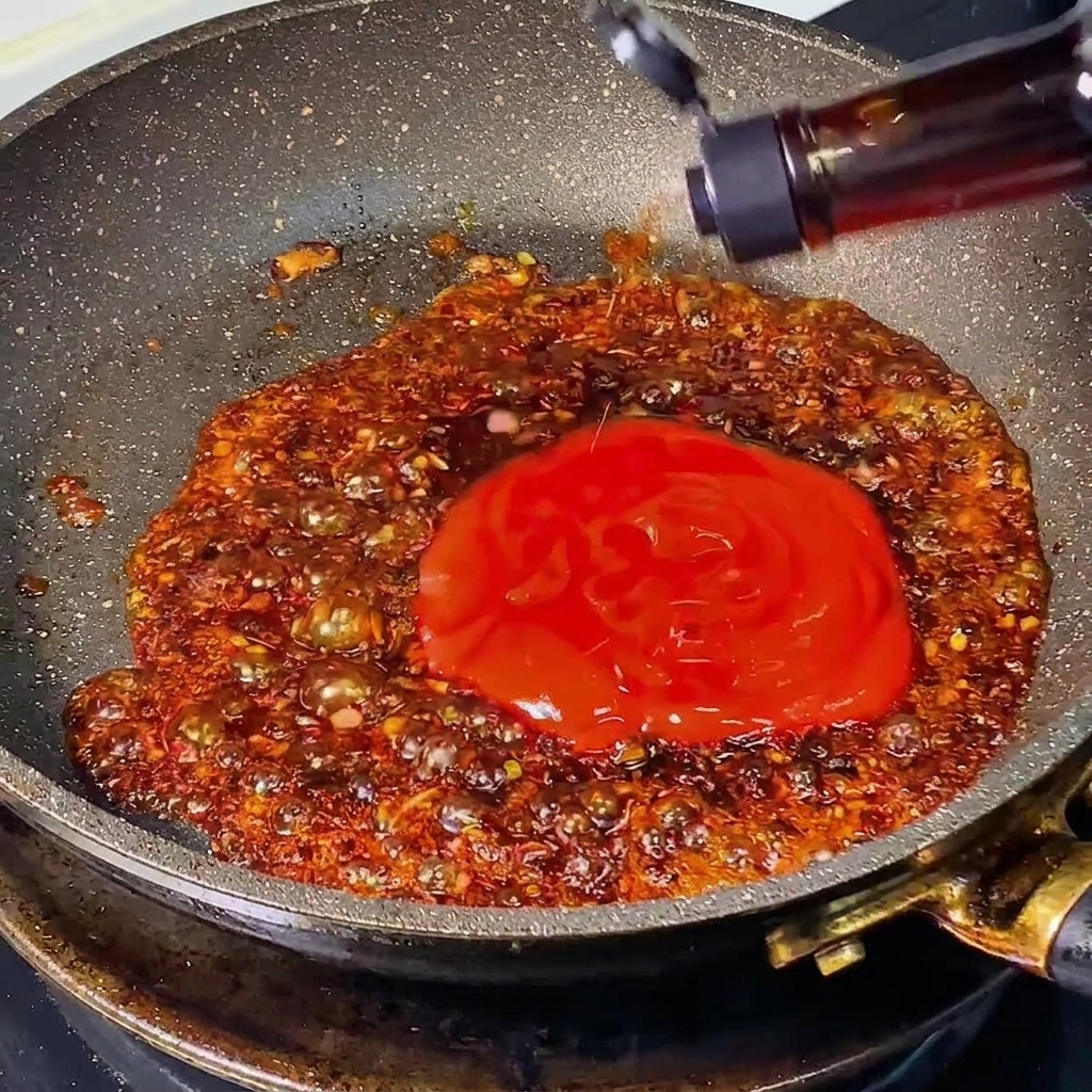 Kétchup espeso de color rojo y salsas oscuras siendo añadidos a una mezcla de cebolla caramelizada burbujeante en una sartén.