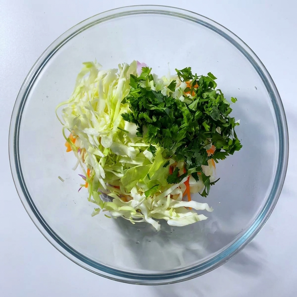 Una toma cenital de un cuenco de cristal transparente lleno de col rallada colorida, zanahorias, cebolla roja y cilantro fresco picado.